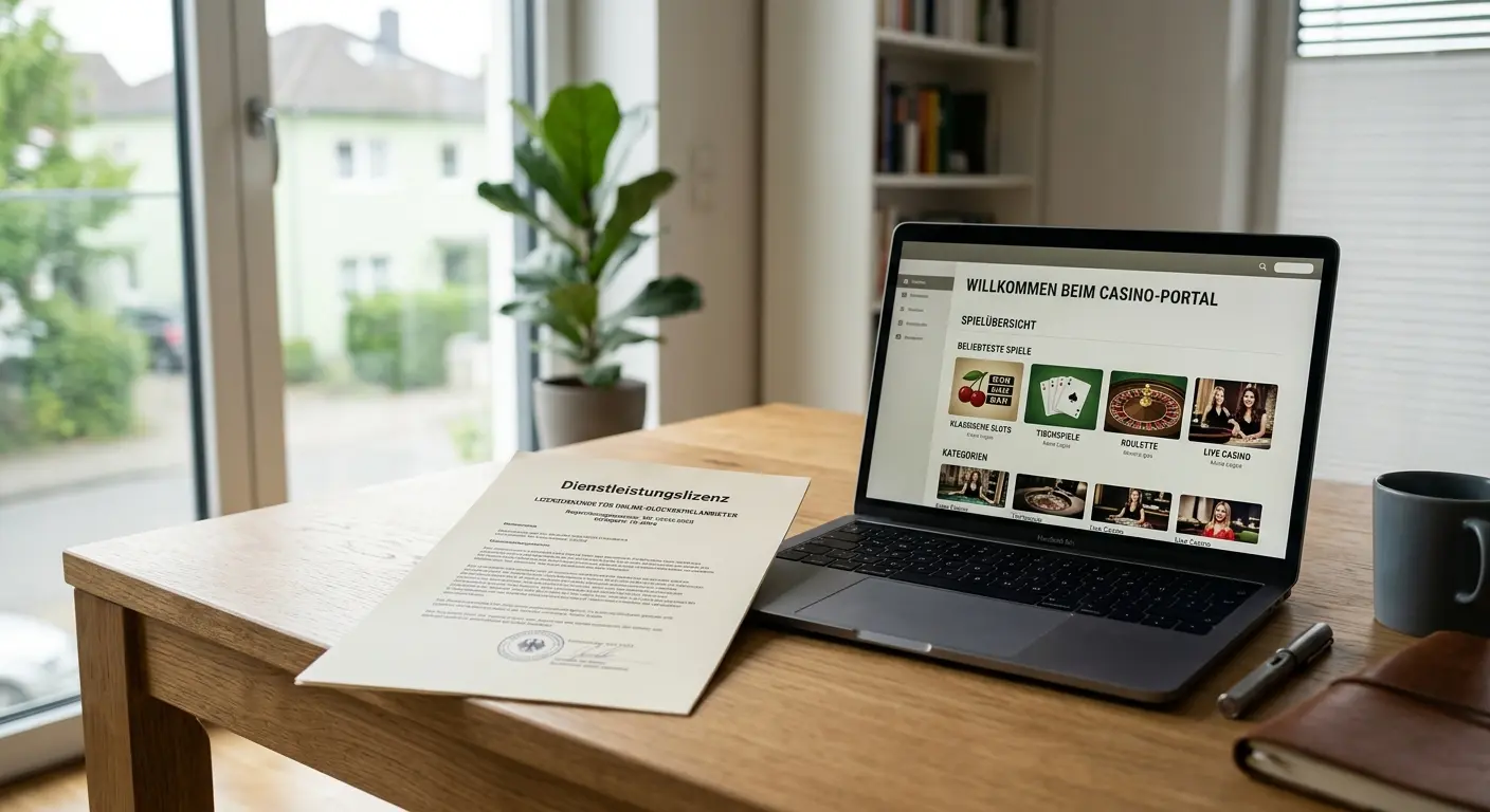 Beste Online Casinos ohne Lizenz 2026 — Redaktionsbild mit Laptop und neutralem Lizenzdokument